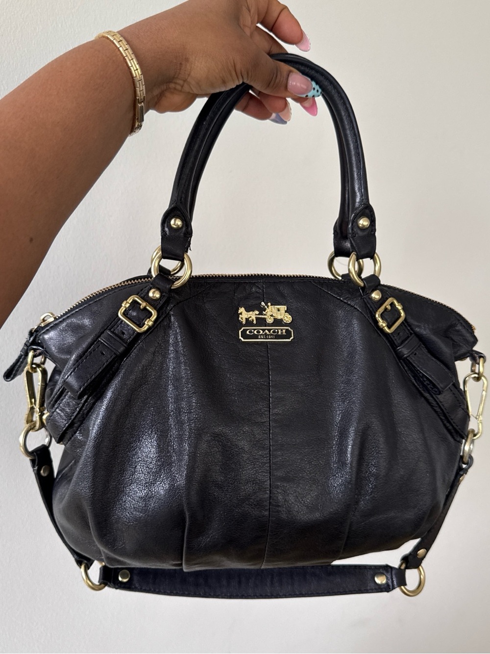 Coach Black Leather Dome Satchel with Gold Hardware